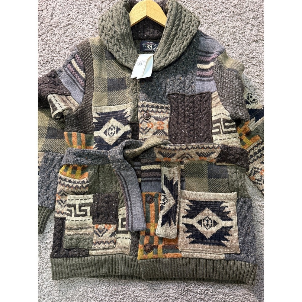 NWT RRL Double RL Patchwork Ranch Cardigan Shawl Collar Belted Wool Blend Mens S - Picture 10 of 16